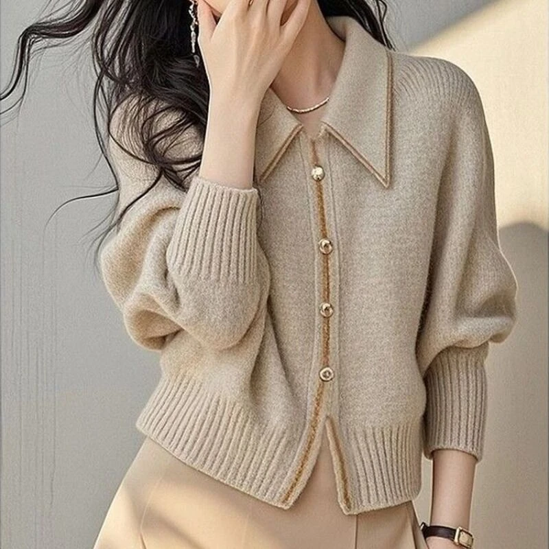 哥弟阿玛施正2025秋季新款日常百搭翻领毛衣针织毛衫减龄打底上衣