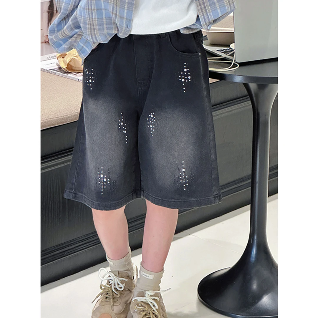 K29436孙小美烫钻磨白女童五分裤新款秋装大童儿童裤子牛仔裤