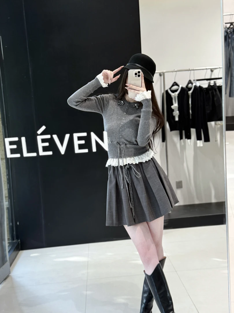 ELEVEN|MIU系灰色蕾丝针织灰色长袖打底衫