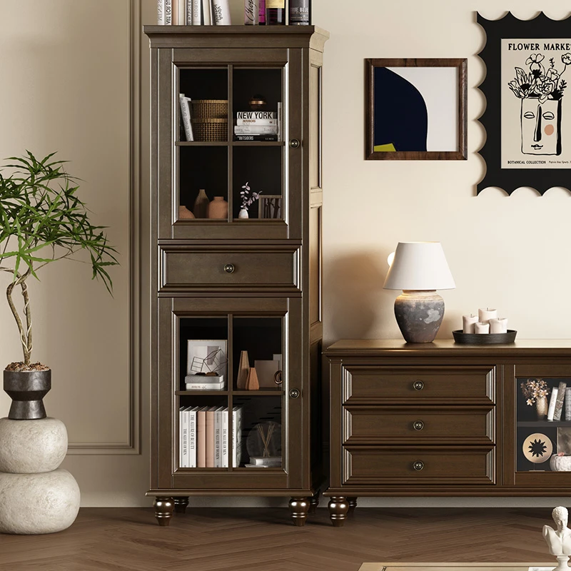 美式全实木边柜书柜单门客厅储物柜纯实木书架展示架玻璃门复古柜