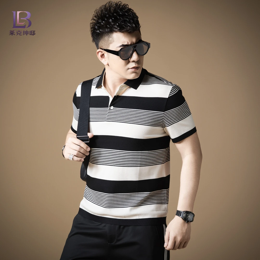 夏季新款商务休闲修身翻领T恤 条纹冰丝高级感男士百搭短袖POLO衫