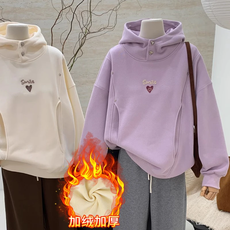 2025冬季新款加绒加厚连帽卫衣女复古保暖设计感气质显瘦纯色上衣