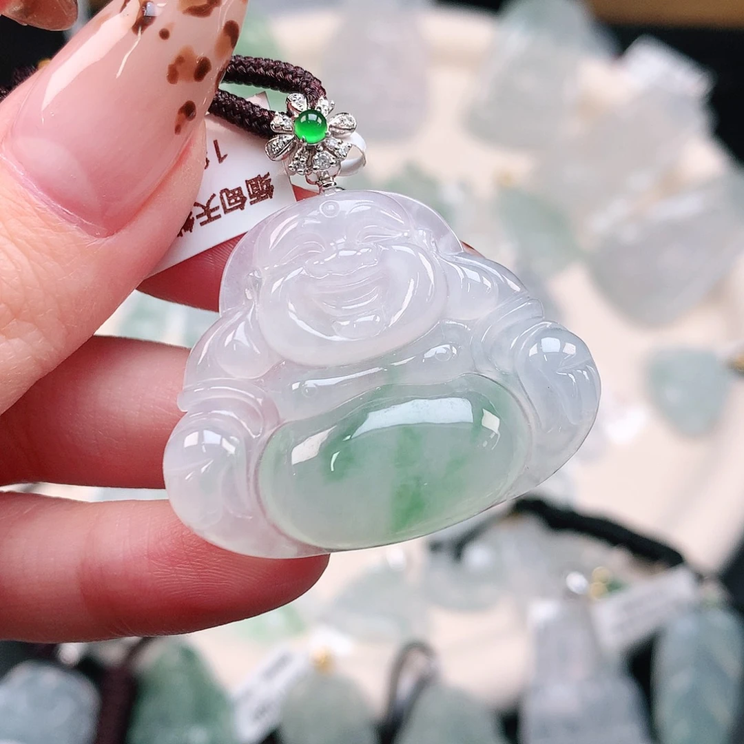 翡翠颈饰18K金镶嵌飘花大佛38.5、30、37、6.3