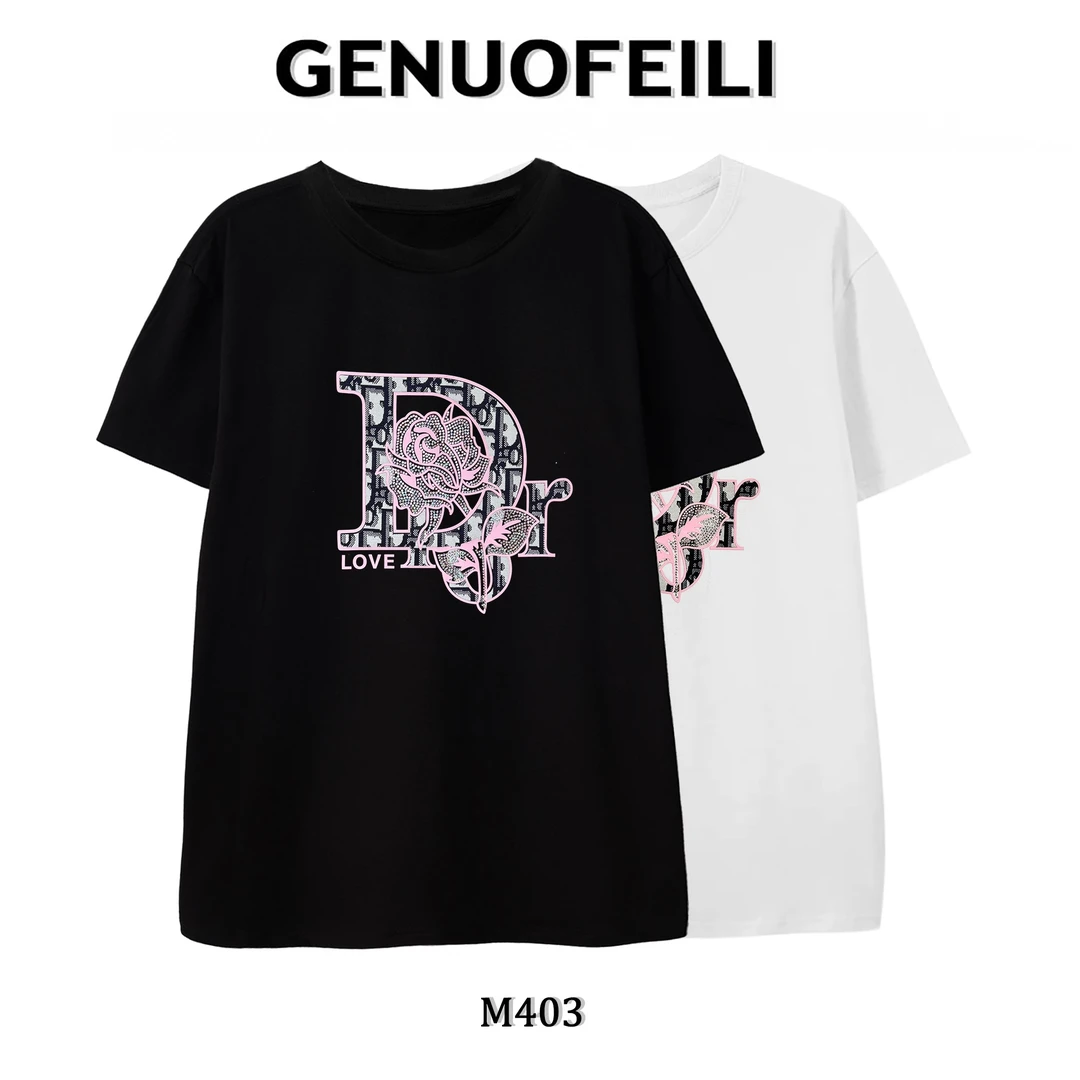 新款时尚休闲百搭夏季半袖宽松印花烫钻T恤圆领