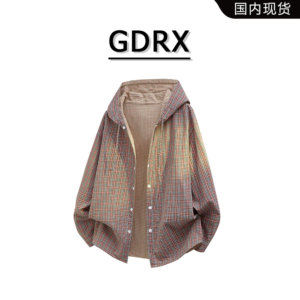 GDRX美式复古格纹纽扣连帽夹克2025秋季新款男士拼接宽松长袖外套