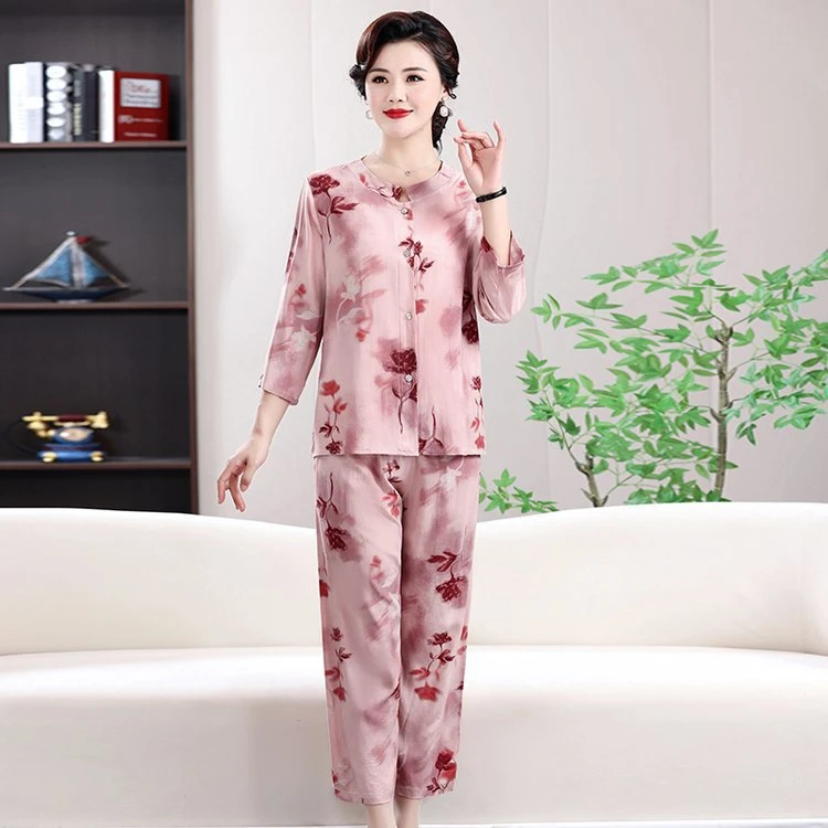 妈妈夏天中袖绵绸睡衣居家套装女中老年人夏装开衫上衣九分裤外穿