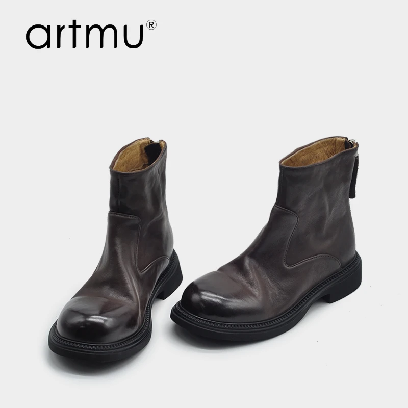 Artmu阿木复古牛皮版~英伦风马丁靴女款低跟黑色短靴子9818-6