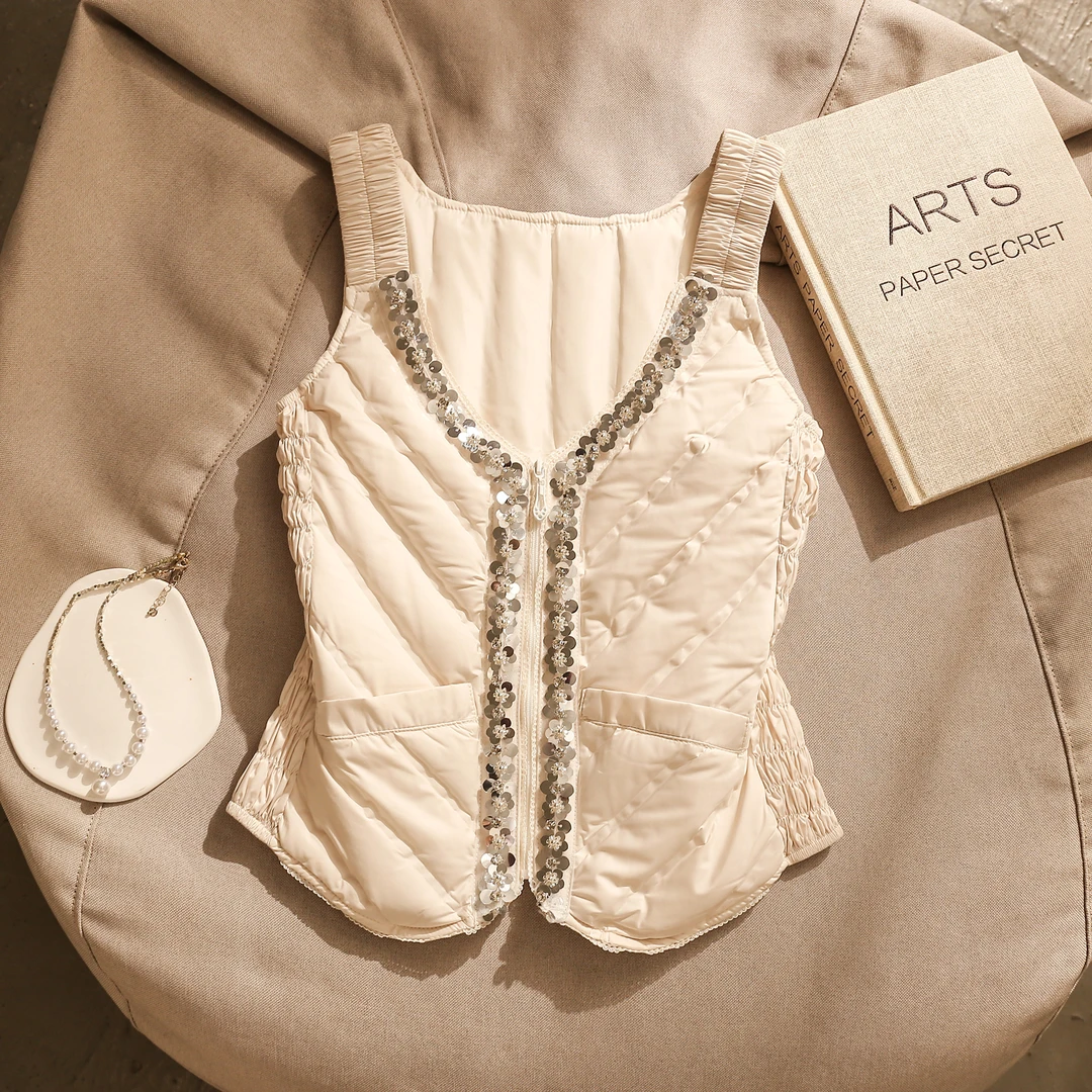 时尚珠片带钻羽绒排骨马甲女秋冬季新款保暖内搭坎肩修身无袖上衣