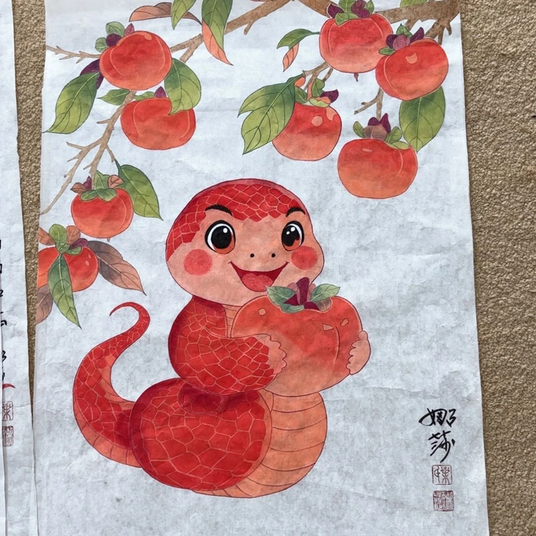 国画叶娜莎四尺三开花鸟朱