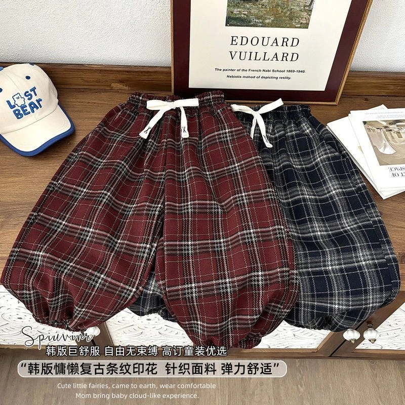 儿童运动裤男新款复古女童春秋韩版小格子裤宝宝中大童休闲裤洋
