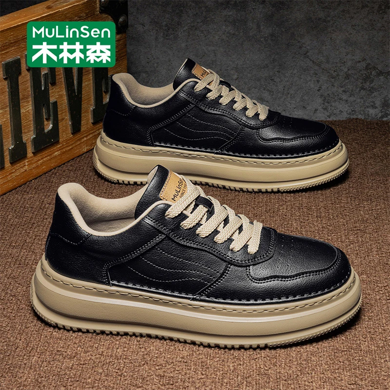 木林森男鞋春秋男士休闲鞋黑色板鞋男款2025新款潮鞋厚底运动皮鞋