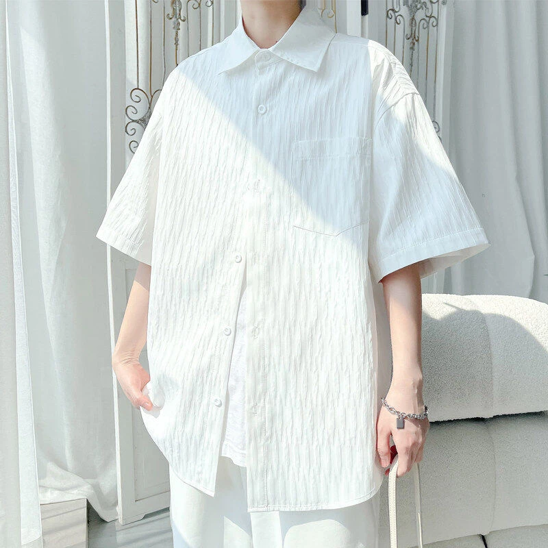 肌理感衬衫男2025新款夏季条纹半截袖美式潮牌休闲宽松青少年衬衣