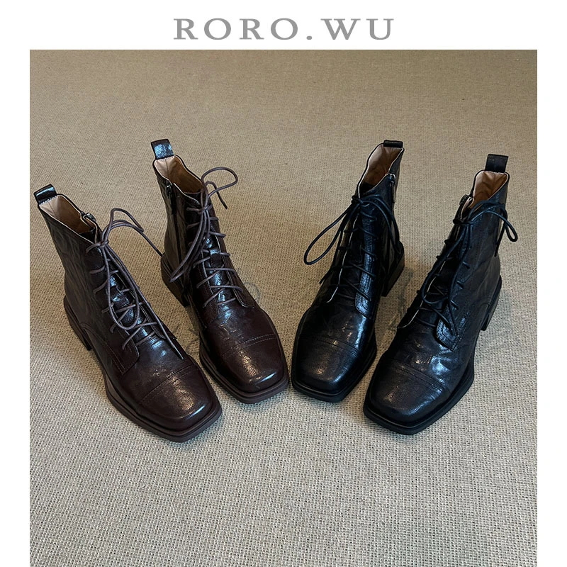 娆娆吴·羊皮系带法式复古英伦学院轻奢马丁靴方头低跟短靴X457