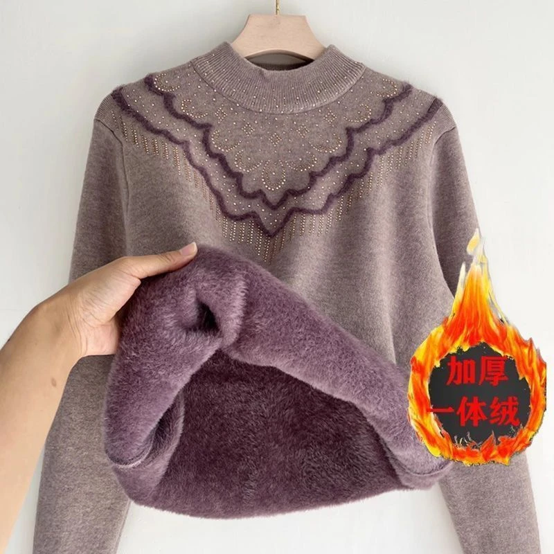 冬季加绒加厚一体绒毛衣妈妈宽松半高领针织保暖打底老年人上衣女