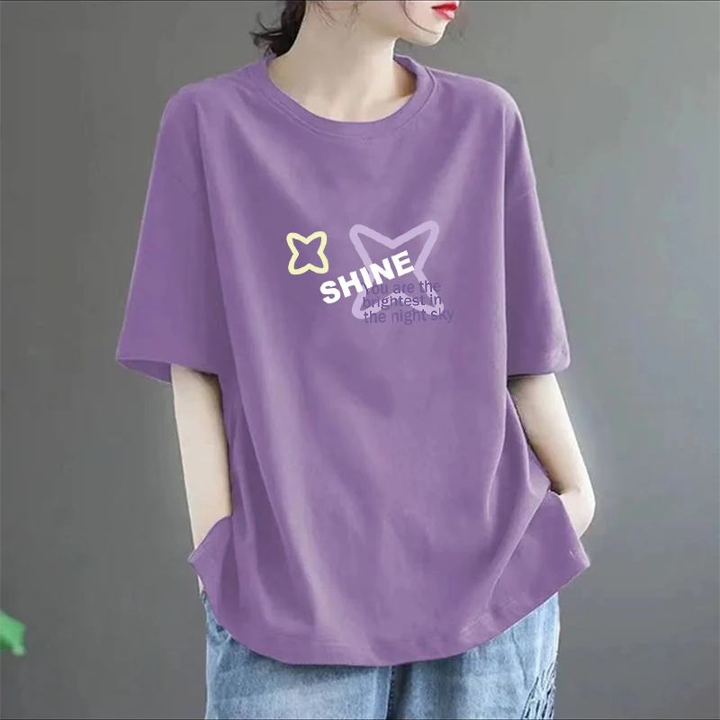 2025夏季新款纯棉落肩短袖T恤女大码宽松百搭洋气时尚圆领上衣ins