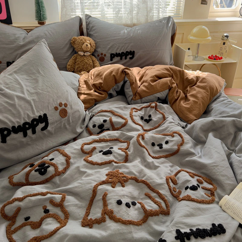 可爱ins水洗毛巾绣四件套混搭灰咖床单被套学生宿舍三件套居家柔4