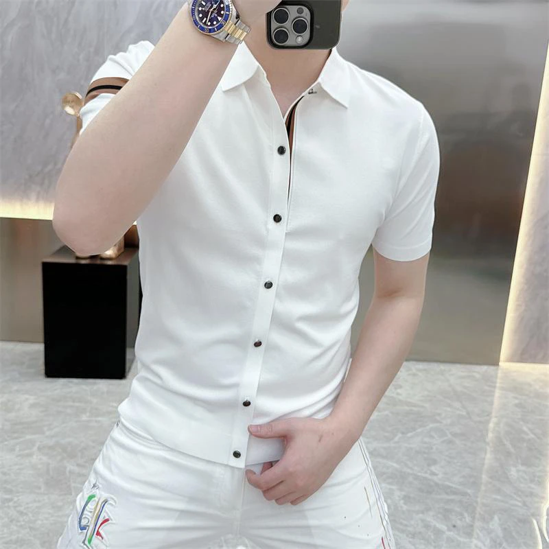 欧货痞帅修身百搭衬衣轻奢针织短袖T恤男士衬衫时尚休闲翻领上衣