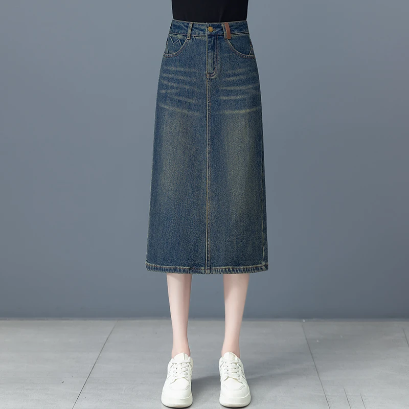 时尚牛仔半身裙女秋季2025新款高腰宽松百搭Aa字中长款开叉包臀裙