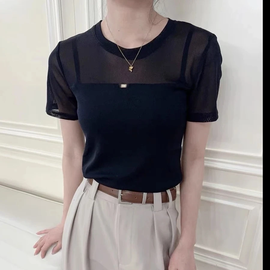 薇莎5137【网纱拼接】80-140斤夏款正肩圆领小标设计百搭短袖T恤女