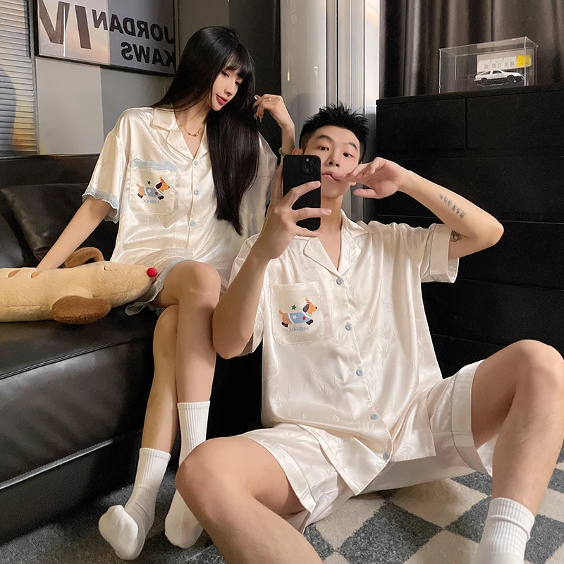 情侣睡衣女夏季冰丝短袖简约卡通腊肠狗男士夏天高级感家居服套装