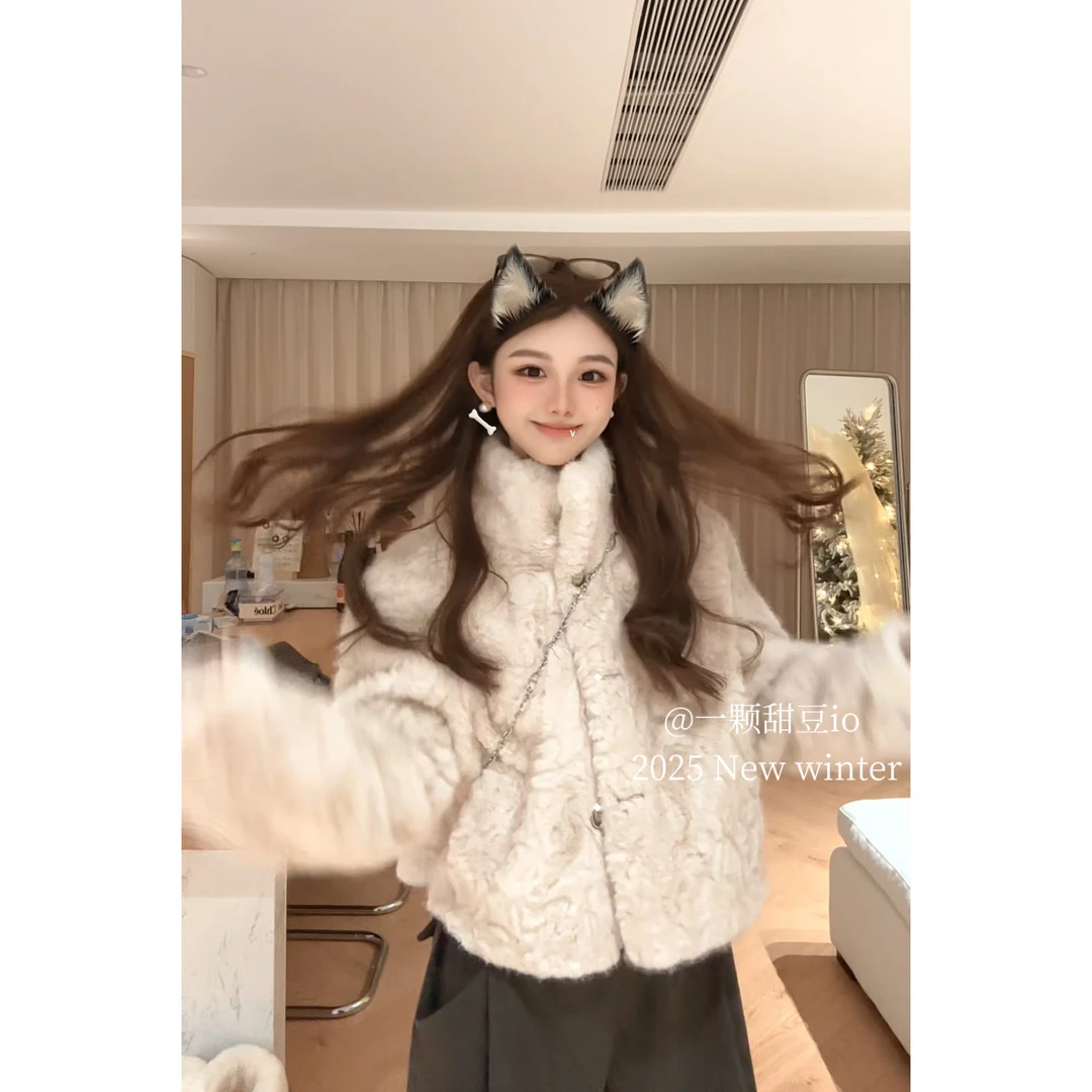 2025新款立领单排扣毛毛外套短女上衣 秋冬加厚保暖百搭