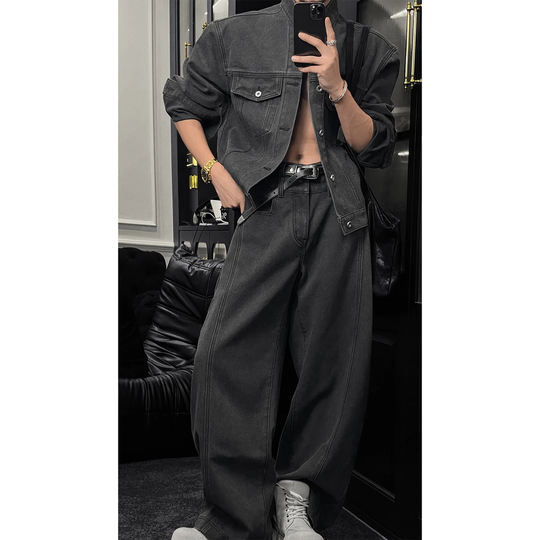 龙叨叨秋季新品美式复古设计夹克套装男潮牌简约宽松休闲外套长裤