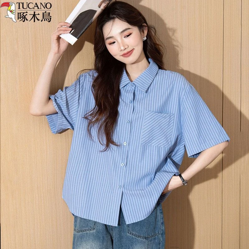 TUCANO/啄木鳥条纹短袖衬衫女夏季通勤百搭上衣简约时尚减龄衬衣