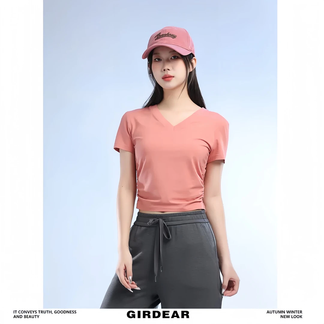 GIRDEAR/哥弟新款简约百搭气质V领侧边收褶纯色短袖T恤女-1300888