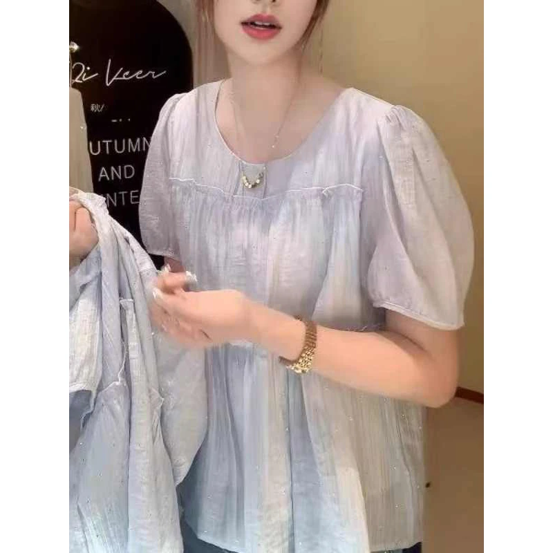 大码女装法式荷叶边细闪衬衫短袖夏季新款胖mm宽松巨显瘦气质上衣