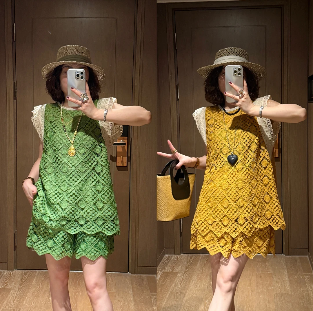 YDFSTUDIO小众【夏日情怀】欧货高品蕾丝镂空撞色拼接上衣+短裤套装