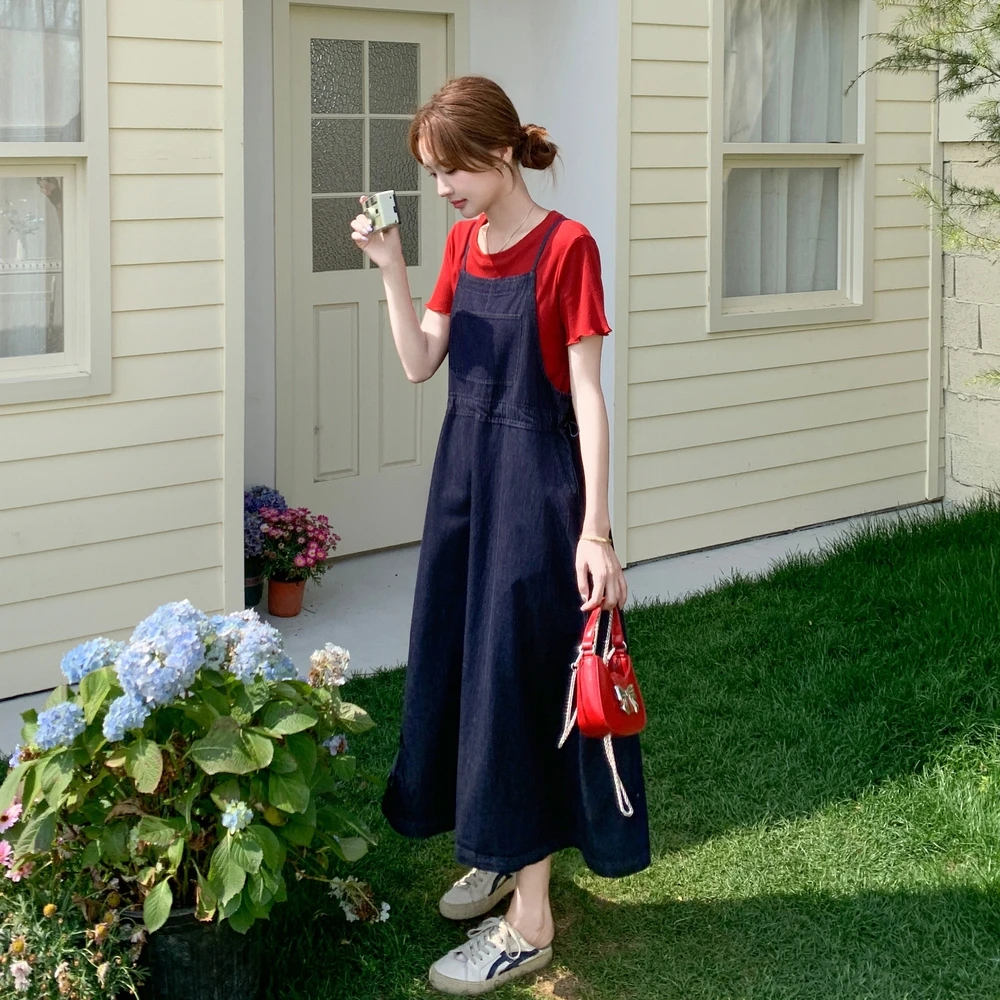 法式减龄牛仔吊带连衣裙套装女2025夏季新款氛围感休闲T恤两件套