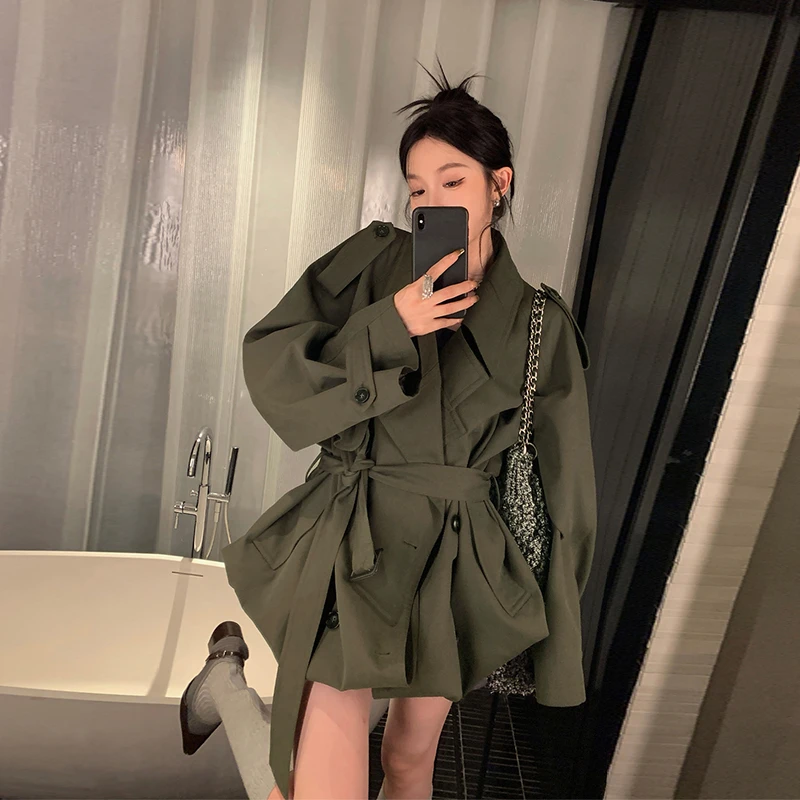 系带风衣女秋季新款小个子复古休闲中长款高级感宽松大衣F402