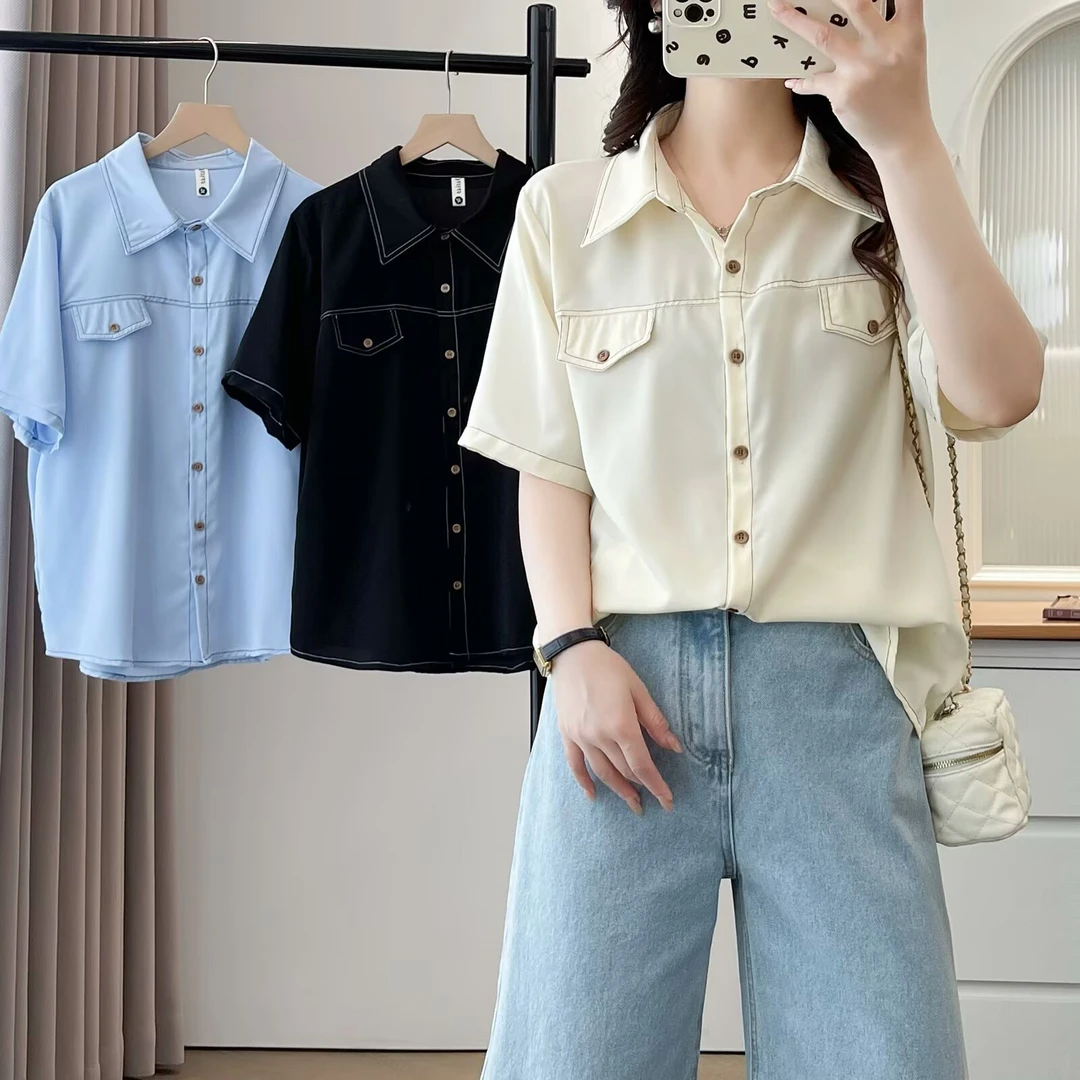 JIANAOBEN/简澳本夏季薄款大码宽松撞色工装风衬衫女显瘦垂感上衣