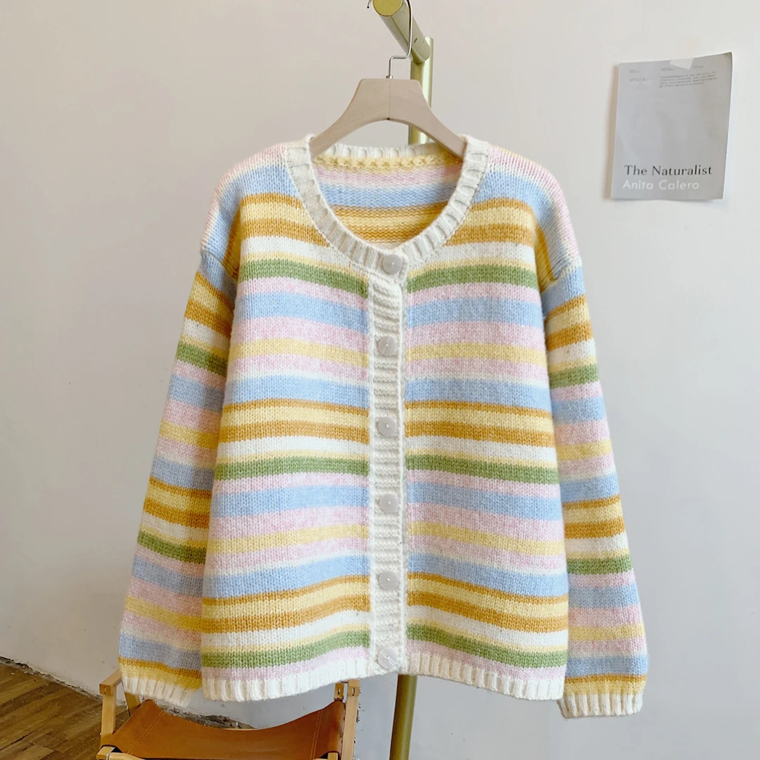 彩虹C4583条纹圆领针织开衫毛衣