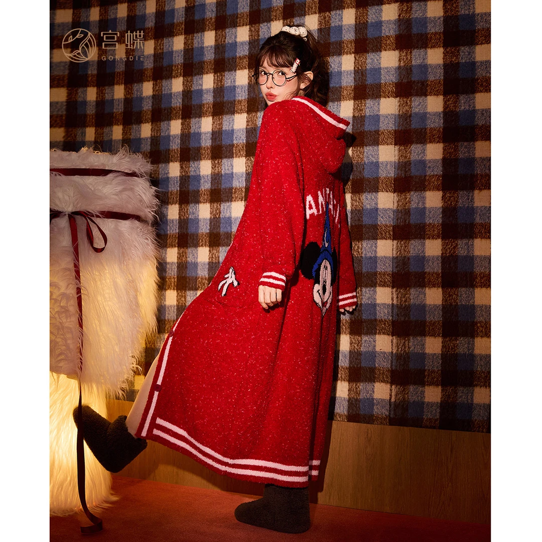 宫蝶【礼袋装】迪士尼米奇秋冬季红色睡衣女半边绒新婚睡袍家居服