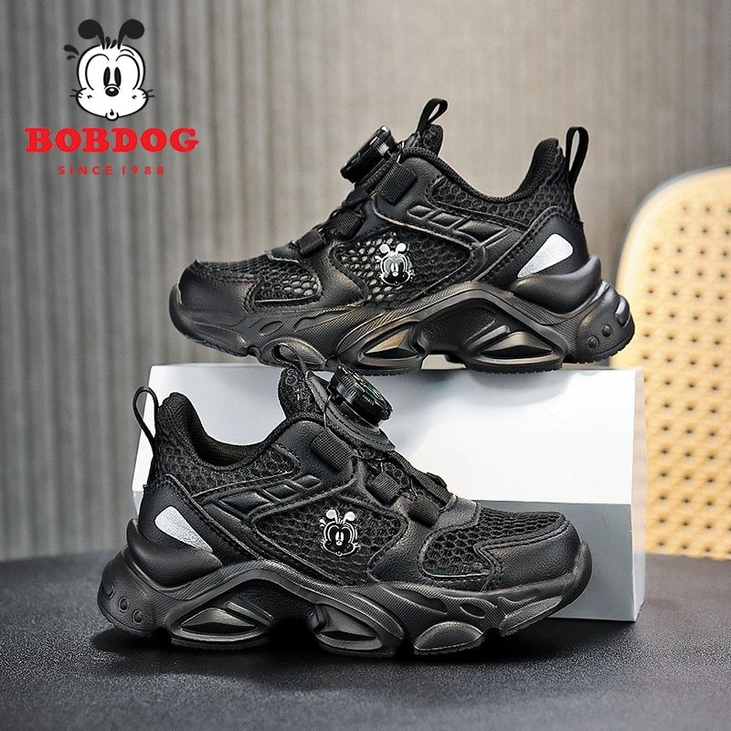 巴布豆童鞋春夏季单网镂空透气男童小黑鞋运动童鞋旋转扣运动鞋