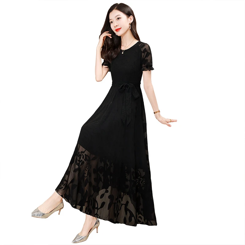 丝柏舍2025夏装新款女装长款小黑裙大摆圆领短袖连衣裙S42B1525L