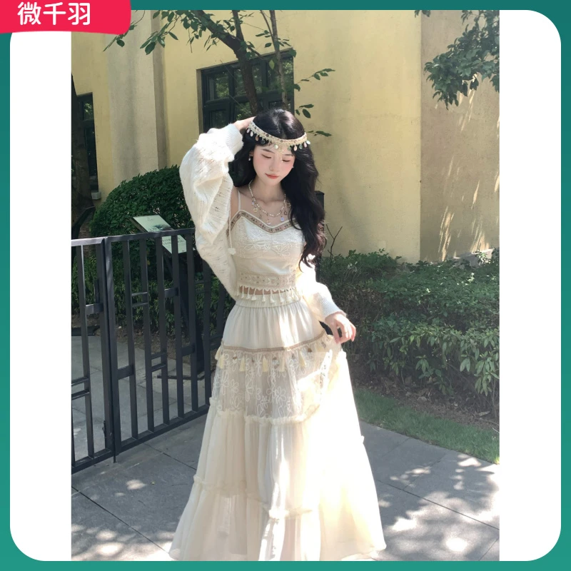 1复古民族风吊带上衣流苏半裙套装l