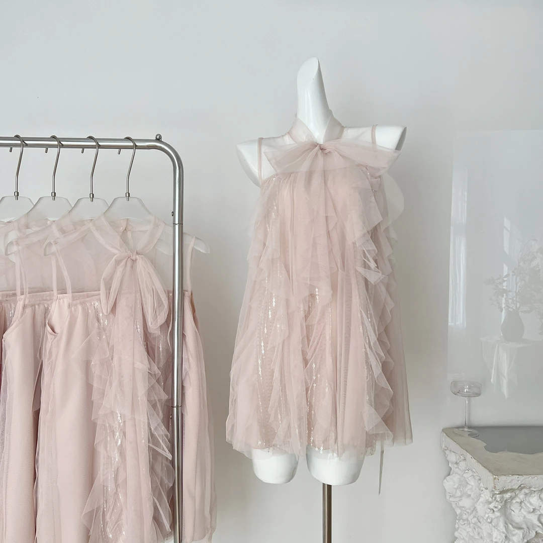 kubiliv粉雾香氛蝴蝶结系带不规则无袖吊带连衣裙纯欲网纱裙夏潮