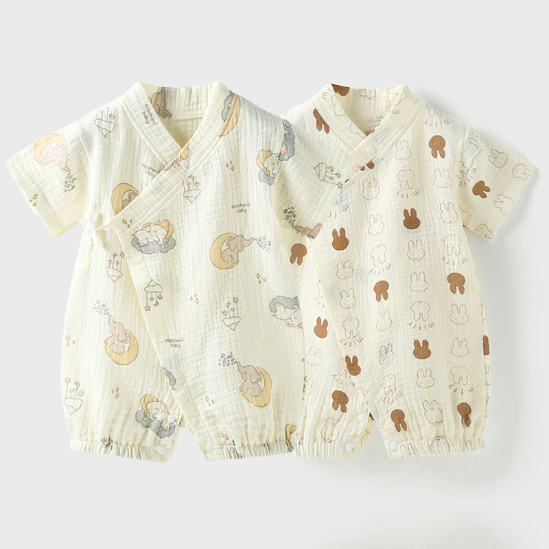 婴儿夏季短袖纯棉连体衣薄款纱布包屁衣新生儿和尚服宝宝外出哈衣