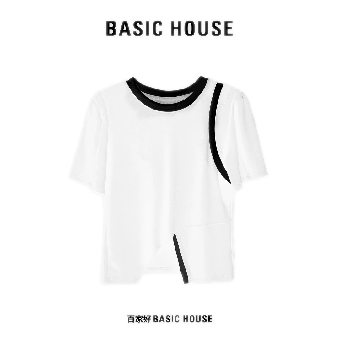 BASICHOUSE/百家好2025夏季时尚圆领设计感不规则短袖女款3962 HJ
