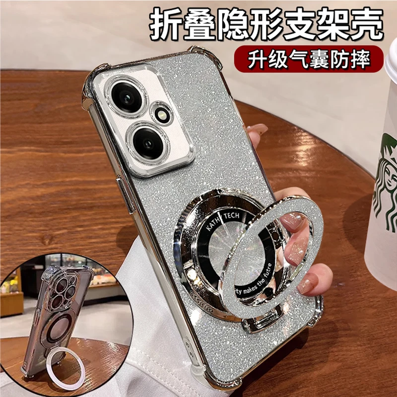 细闪支架电镀四角防摔壳适用荣耀400pro/300/200/100支架手机壳