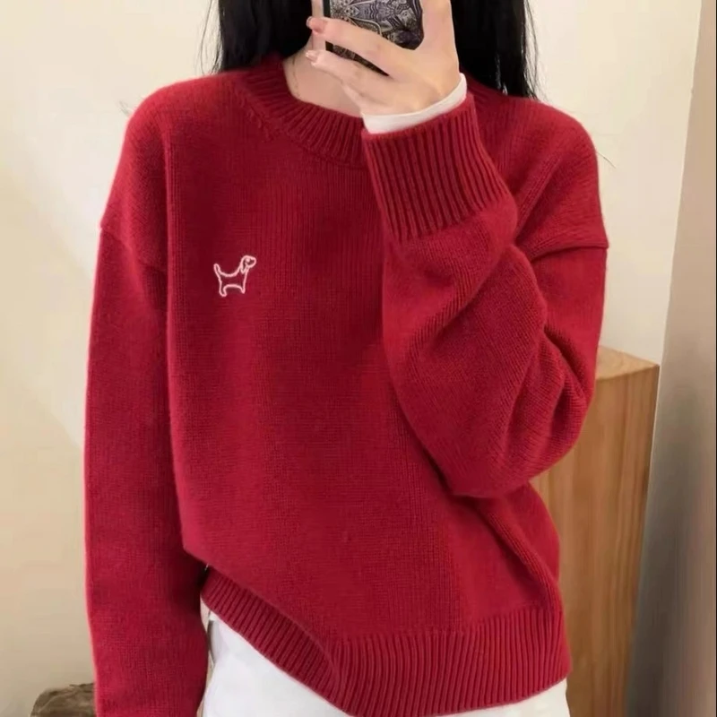 100纯羊毛加厚圆领刺绣套头针织打底羊毛衫宽松慵懒减龄毛衣显瘦