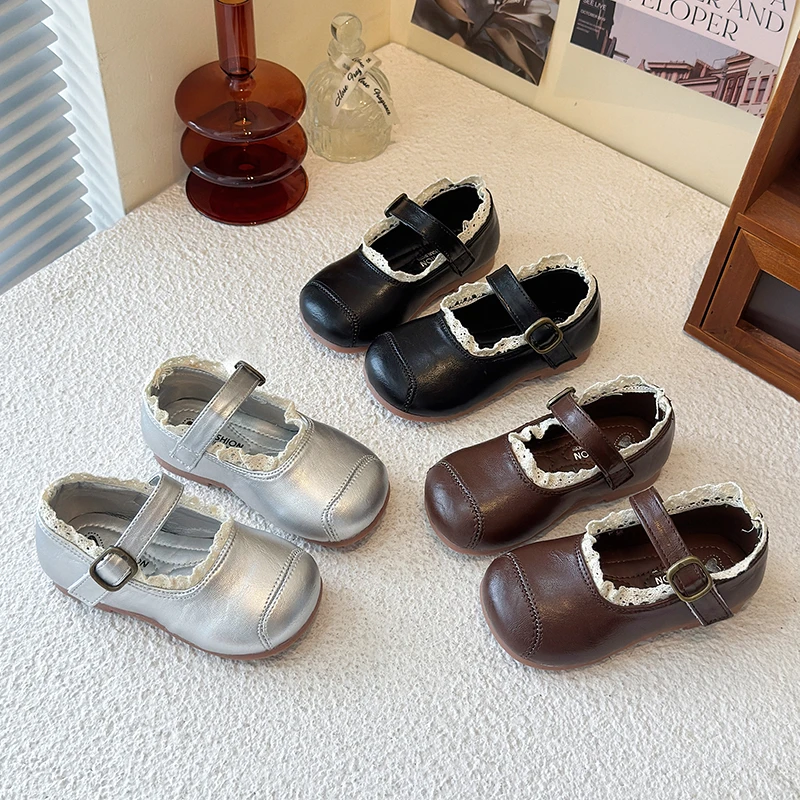 女童皮鞋2025春秋新款蕾丝花边公主鞋小女孩时尚软底防滑单鞋