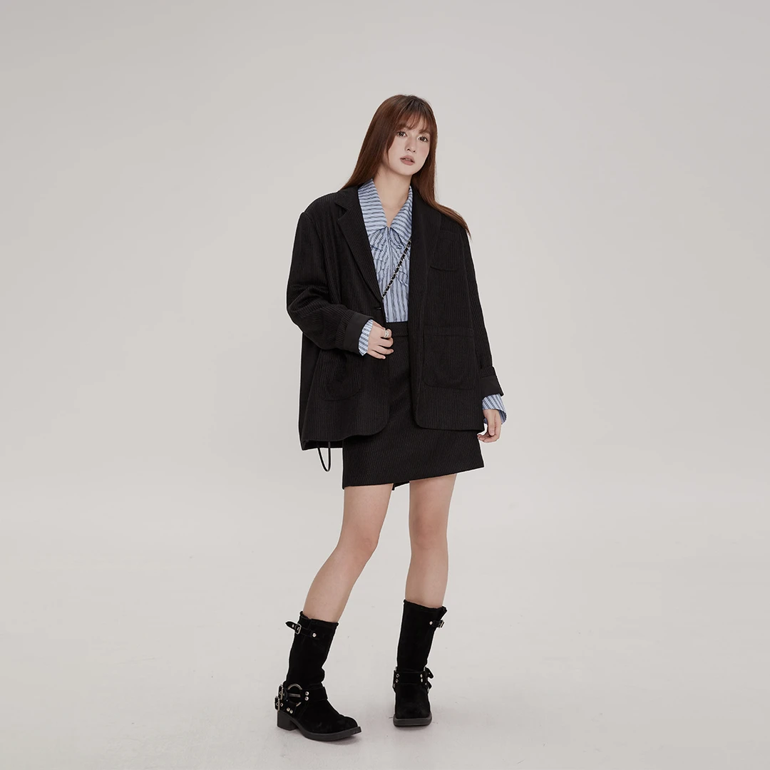 晶咕~时尚运动休闲百搭套装小香风黑色宽松条纹女士复古