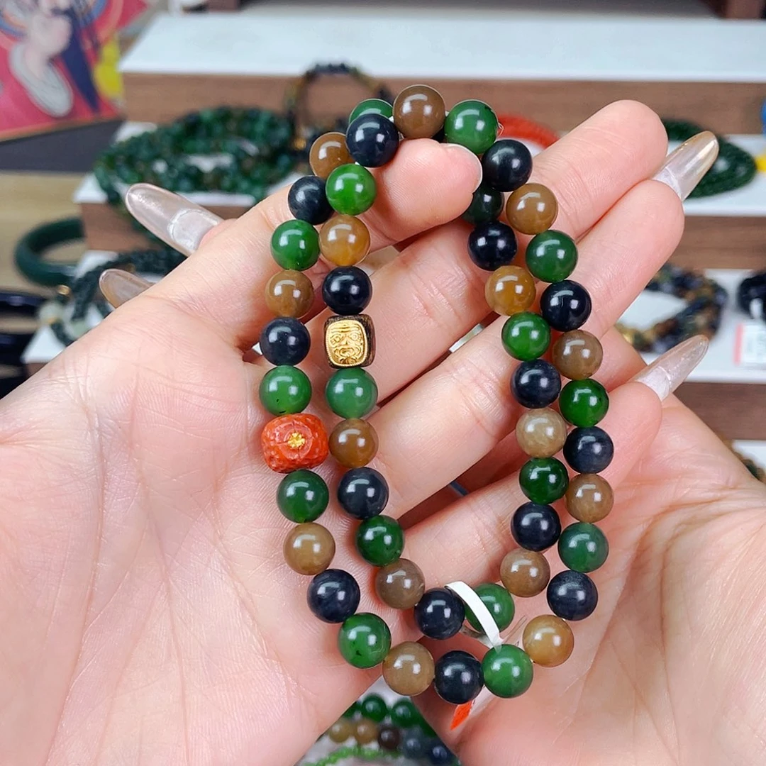 和田玉6mm新疆碧玉多宝双圈未镶嵌