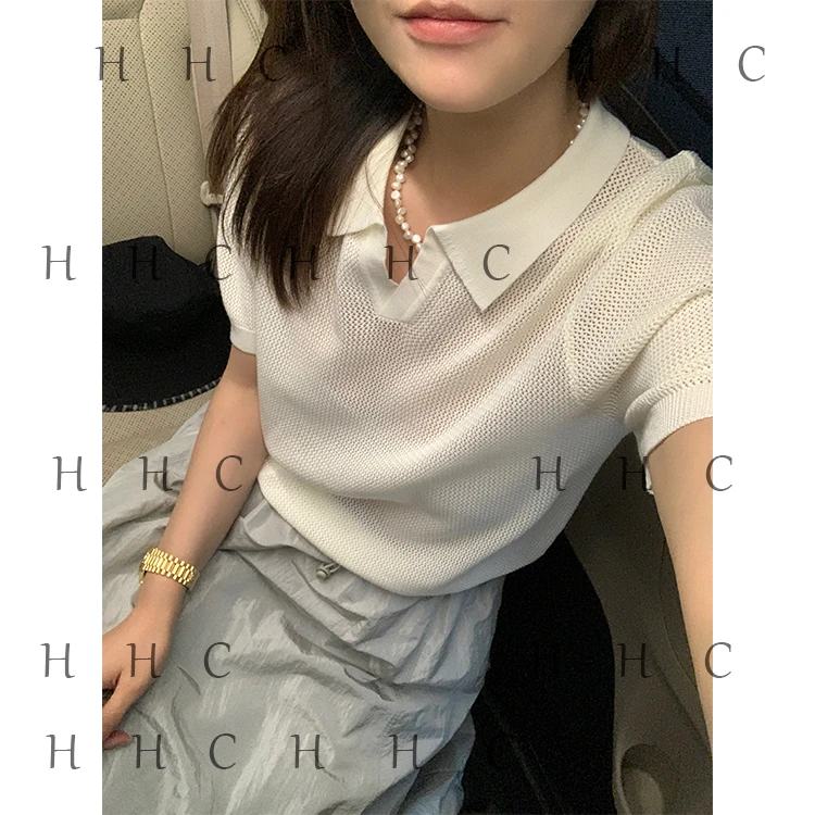 【花花菜】夏季简约老钱风高端100莱赛尔POLO领短袖针织衫女