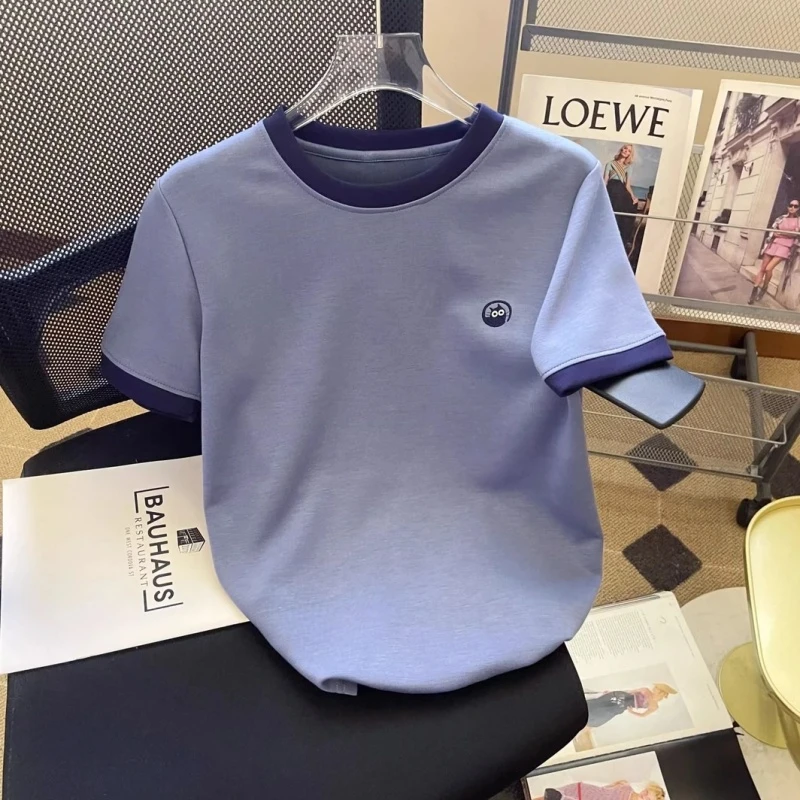 2025款300斤大码撞色拼接休闲短袖T恤夏季男女慵懒洋气松弛感上衣