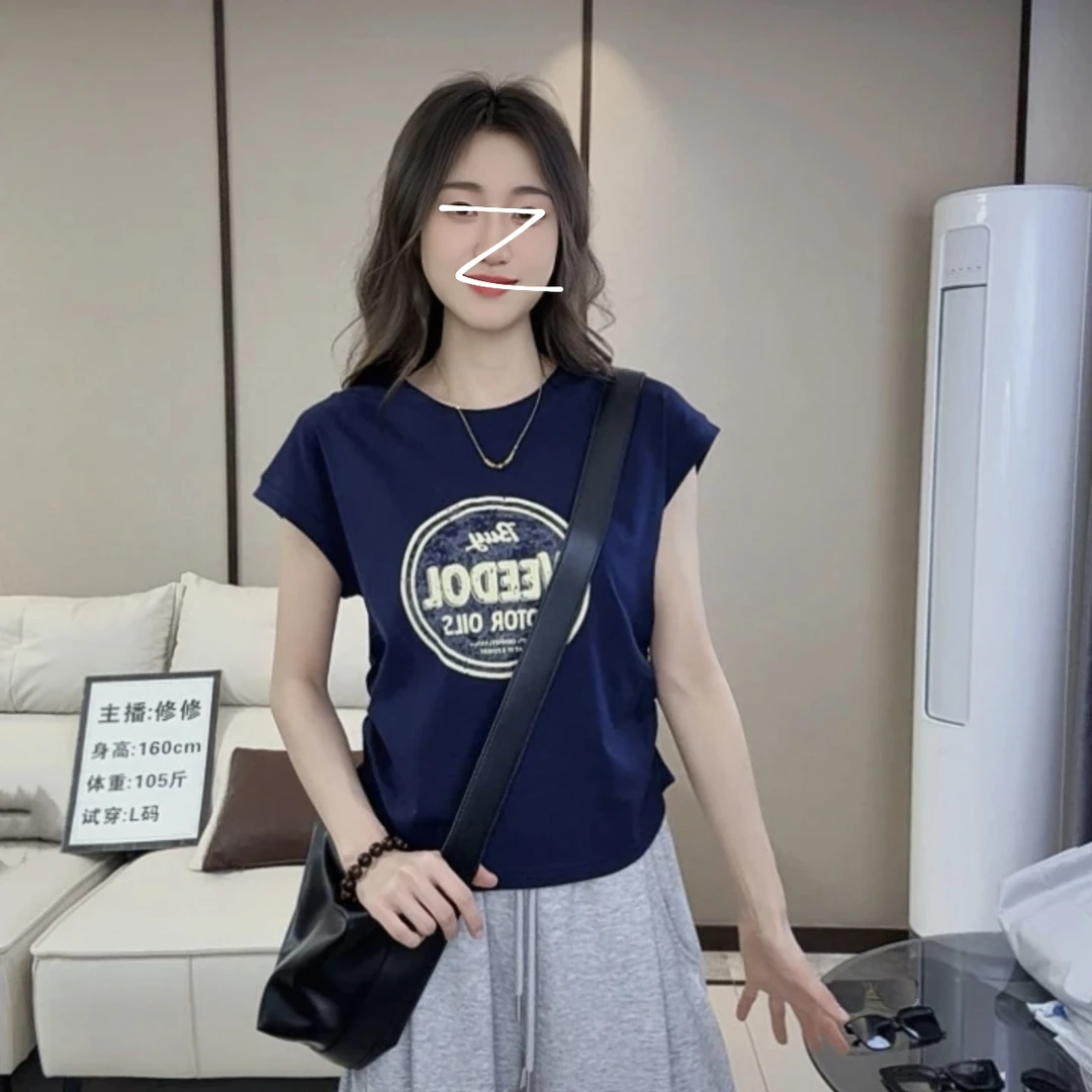 印花吸汗字母圆领油画风常规T恤宽松显瘦时尚百搭无袖设计感休闲