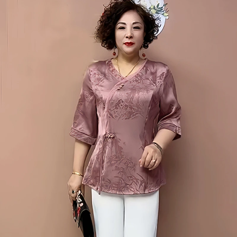 夏季新款女装衬衫时尚减龄宽松大码遮肉显瘦中老年妈妈装外搭上衣